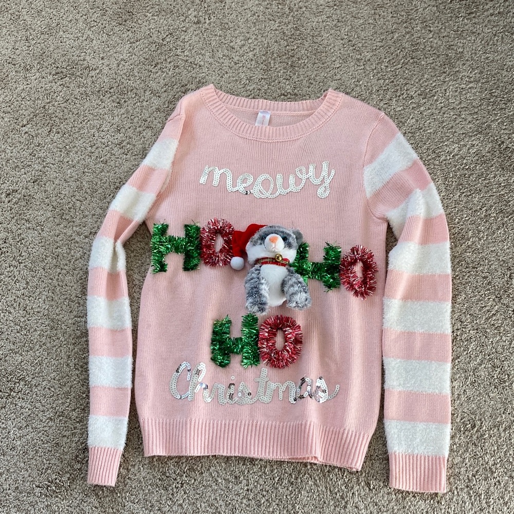 Junior girls, ugly Christmas sweater, size medium, cat Christmas sweater